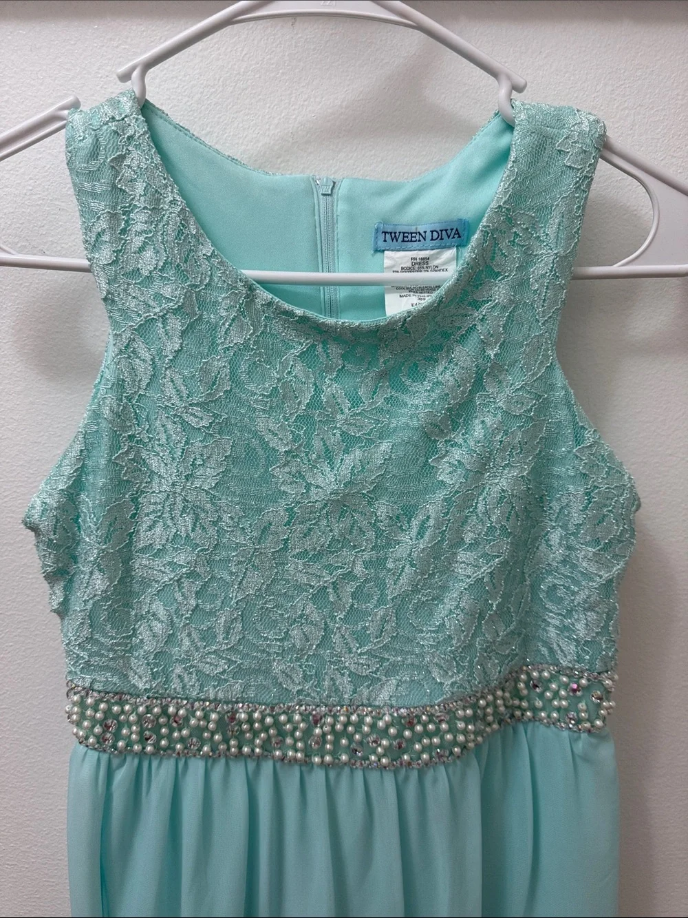 Tween Dive Girls' Aqua Lace Chiffon Gown with Beaded Waistband